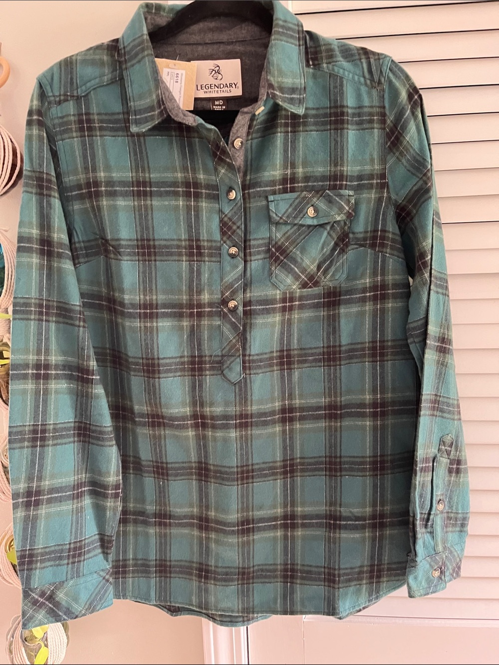 Legendary Whitetails Teal and Black Plaid Button-Front Shirt